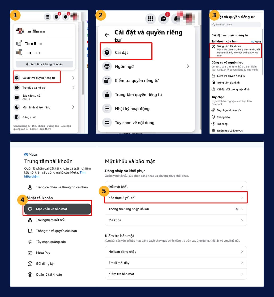 Đường vào mục Xác thực 2 yếu tố trong Trung tâm tài khoản Facebook